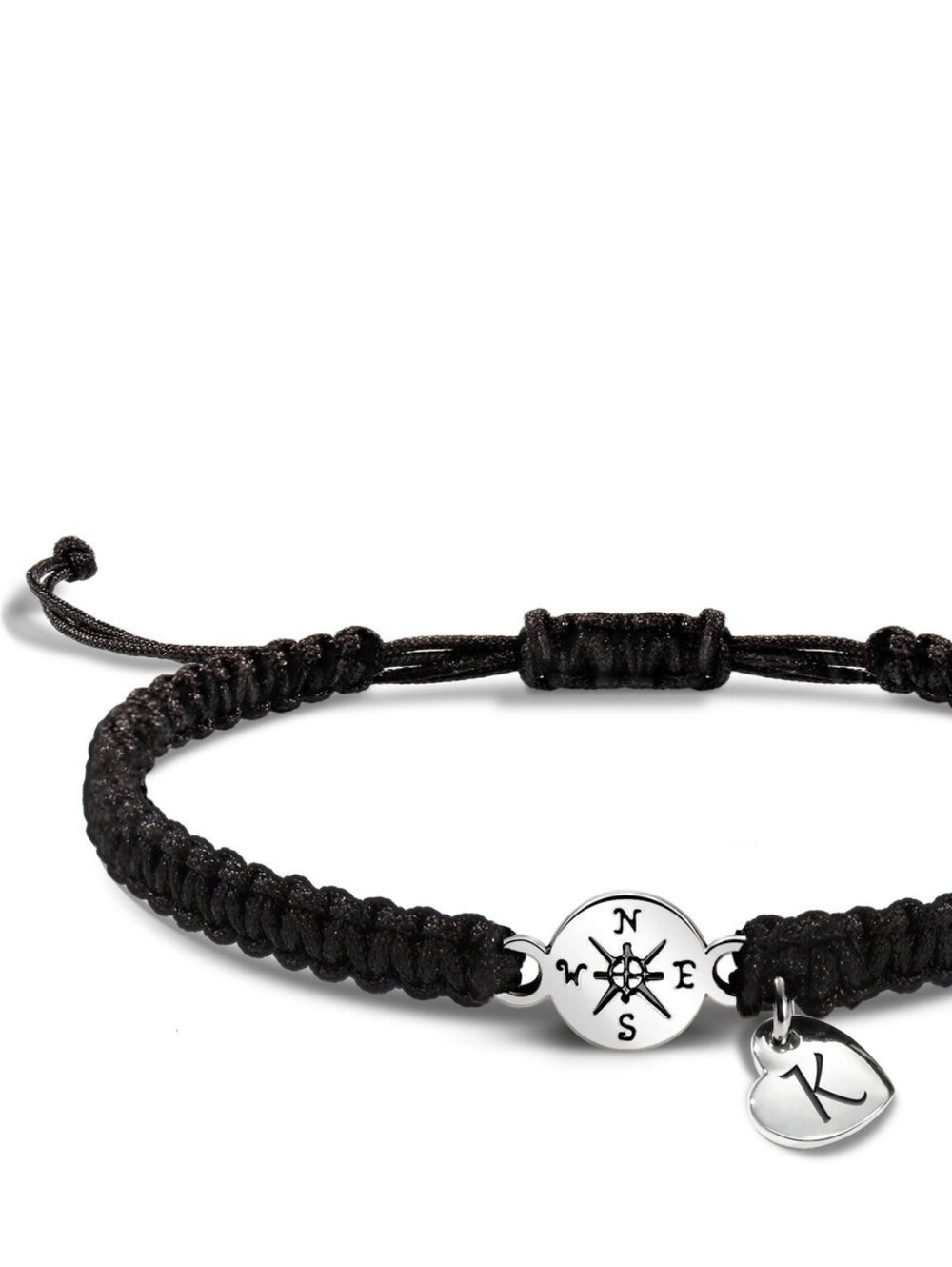 Adjustable Black Cord Compass Bracelet with Initial K Charm